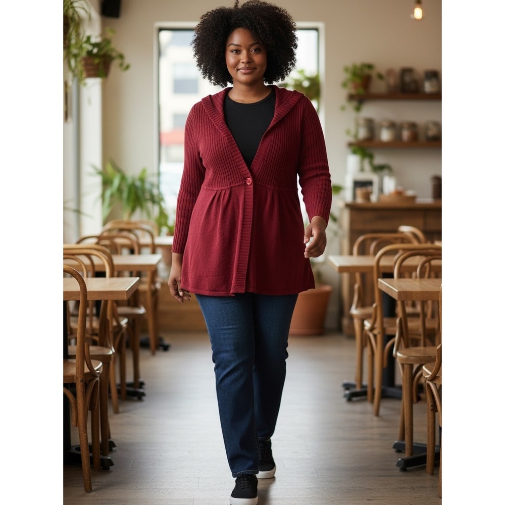 By Design Woman Red Hooded Cardigan Sweater Plus Size 3X Single Button Ribbed